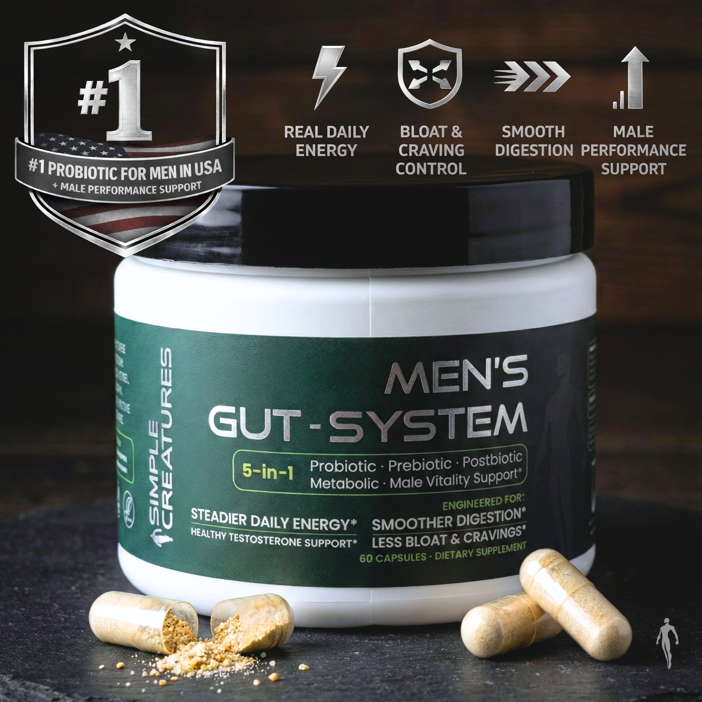 Men's Gut System (5-1) - Akkermansia Probiotic for Digestion, Energy + Men's Performance Support - 60ct USA GMP Certified